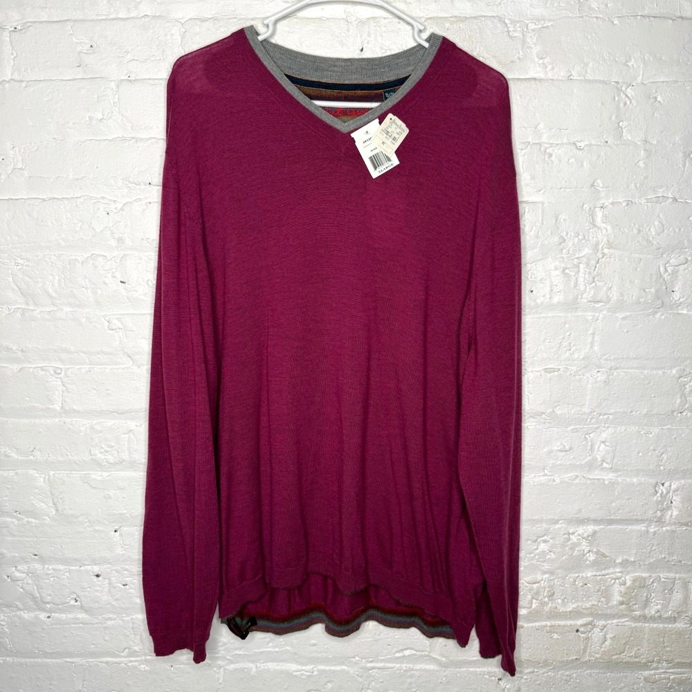 ROBERT GRAHAM PURSUIT Sweater Men's XL Berry 100% WOOL V-Neck